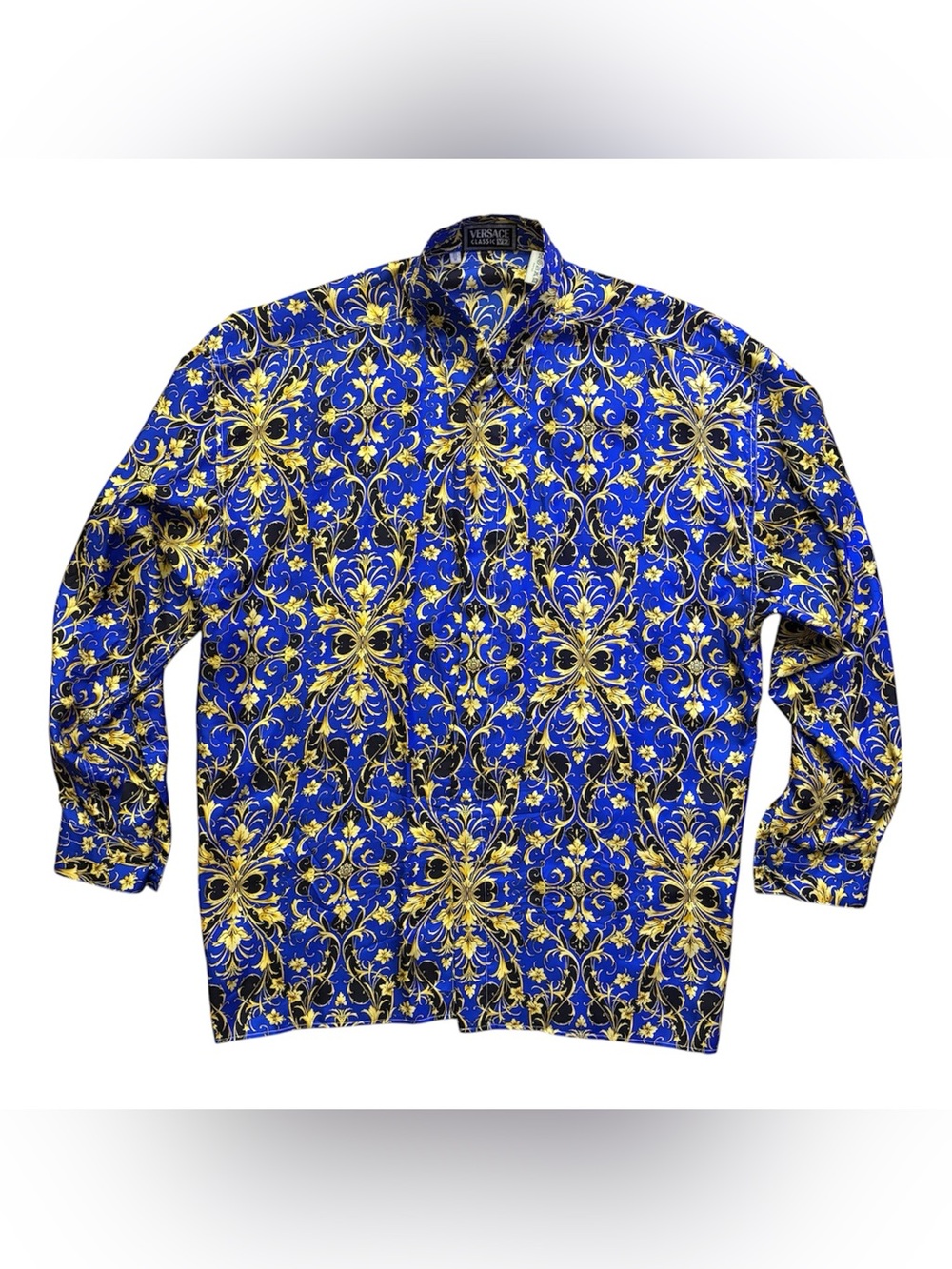 Versace Classic V2 Baroque Floral 100% Silk Dress Shirt Blue/Gold/Black M